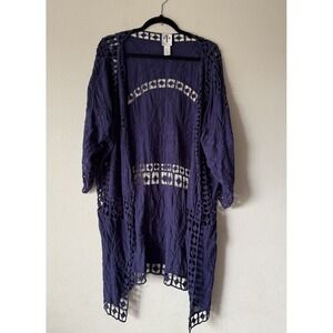 Rain + Rose Size S/M Blue Purple Cotton Embroidered Kimono Boho Festival Coastal
